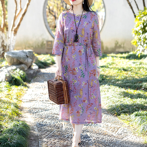 念江南苎麻别致碎花连衣裙女夏复古气质原创通勤a字棉麻显瘦裙子