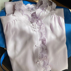 花瓣领真丝衬衫女刺绣蕾丝紫色上衣法式立领设计感100%桑蚕丝衬衣