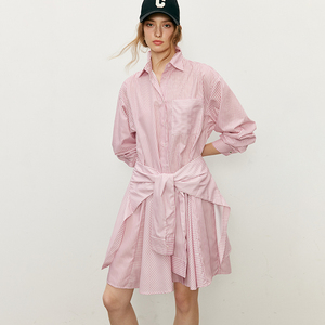 自带造型感 假两件设计 法式甜美粉色条纹系带收腰衬衫式连衣裙子