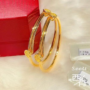 周大福足金宝宝手镯 祥云福字光面推拉黄金童镯 满月婴儿百日礼物