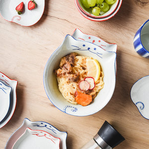 日式碗盘招财猫卡通碗陶瓷餐具家用饭碗汤碗面碗盘子可爱碗碟套装