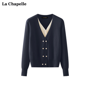 拉夏贝尔LaChapelle春新款长袖假两件针织开衫女V领长袖宽松上衣