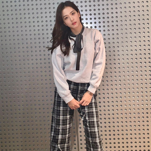 blackpink金智秀jisoo同款灰色圆领宽松卫衣 复古高腰格纹长裤子