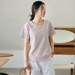夏刺绣新中式t恤女100%纯棉短袖中国风上衣小众设计感复古女装