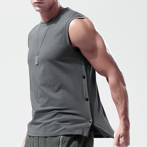 夏季排扣无袖T恤男士纯棉宽松纯色运动健身宽肩背心美式潮牌短袖