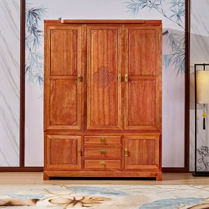 新中式全实木衣柜红木烫蜡柜子三门仿古典卧室金花梨木衣橱平开门