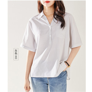 娅丽达夏季薄款女上衣垂顺质感v领显瘦条纹衬衫通勤宽松短袖小衫