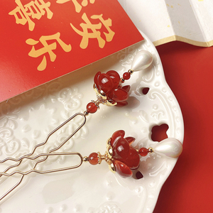 中国红新年款镀彩珍珠红梅小簪神仙棍日常百搭古风汉服盘发簪子钗
