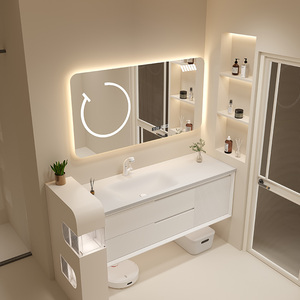 定制杜邦可丽耐一体盆橡木浴室柜组合洗手洗脸洗漱台奶油风梳妆台_阿