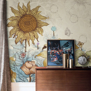 定制大型壁画壁纸墙布客厅卧室沙发背景墙 线描风格向日葵太阳花