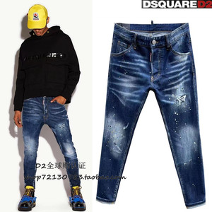 新款DSQUARED2牛仔裤男代购D2次方破洞休闲喷漆时尚卷边小直筒裤