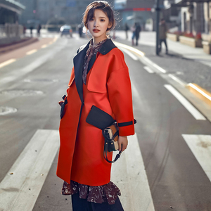 红色风衣女中长款年轻秋季休闲廓型欧洲站宽松显瘦双排扣撞色外套
