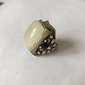 乡下老物件古玩 清乾隆年兴盛足银羊脂玉银戒指扳指 老物件银戒指