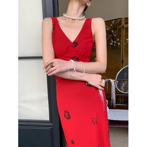 JWUNIQUE红色无袖背心吊带连衣裙女夏季2024新款修身显瘦包臀裙子