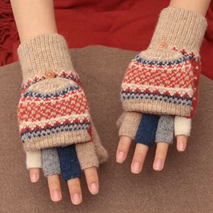 日本原单双层加厚加绒羊毛半指翻盖冬季学生保暖手套时尚针织女生