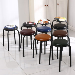铁艺凳子家用吃饭小圆凳结实成人椅子软包做可摞叠简约现代餐桌凳