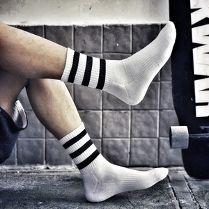男士纯棉三道杠条纹运动长筒袜子毛巾底加厚中高筒篮球运动袜吸汗