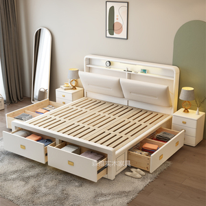 实木床1.8现代简约1.5主卧白色双人2×2.2米抽屉高箱储物收纳大床
