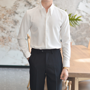 意式大尖领暗条纹理白色长袖衬衫男英伦商务通勤免烫高级感衬衣潮