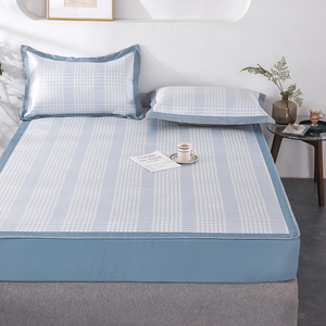 凉席冰丝席床笠式三件套可水洗折叠防滑床套罩透气1.8m床空调软席