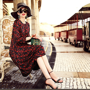 幽篁2017秋季新款圆领印花真丝连衣裙女宽松七分袖套头中长裙