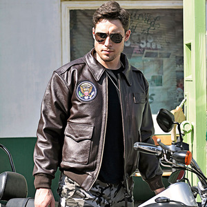 复古魔术贴徽章刺绣真皮皮衣男空军a2飞行服头层牛皮翻领加棉夹克