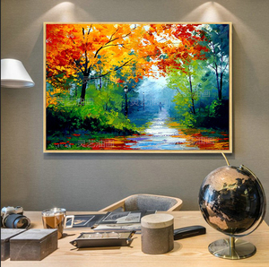 纯手绘秋天风景林荫小道油画客厅卧室玄关装饰画有框挂画树林树木