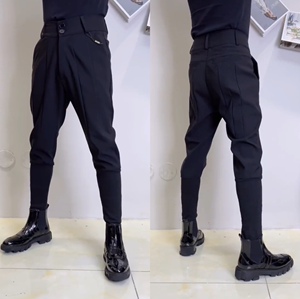 男士冬季马裤配马丁靴高帮鞋川黑色束脚裤裤腿螺纹松紧布休闲西裤