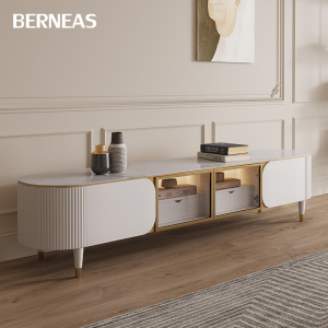 轻奢复古现代简约椭圆形岩板电视柜法式客厅奶油风圆弧电视柜组合