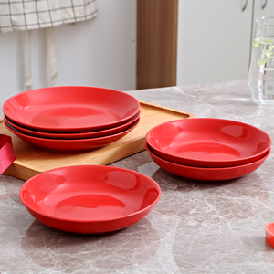 红色盘陶瓷纯红色结婚喜庆拜拜盘釉下高温盘可入微波炉家用喜庆盘