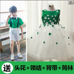 六一儿童绿色演出服环保低碳贝贝舞蹈服女蓬蓬纱裙小草春晓合唱服