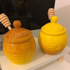 ins创意陶瓷蜂蜜储物罐调味罐带木质搅拌棒复古厨房带盖储藏罐