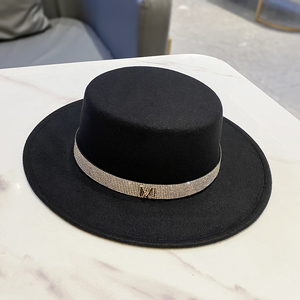 韩版英伦风黑色水钻字母毛呢帽潮百搭复古洋气平顶礼帽秋冬大檐帽