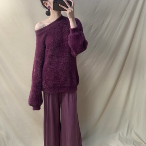 陈伯伯 梅子色毛衣女2021秋冬新款仿貂绒宽松慵懒复古上衣树莓色