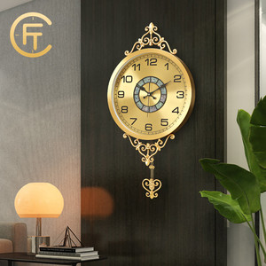 匠式客厅黄铜挂钟轻奢新中式家用钟表现代挂墙表欧式玄关时尚时钟