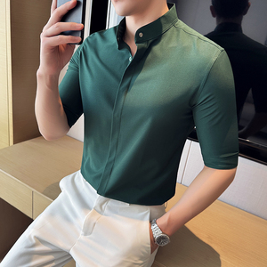 新中式中山立领短袖衬衫男士夏季韩版垂感免烫冰丝五分半中袖衬衣