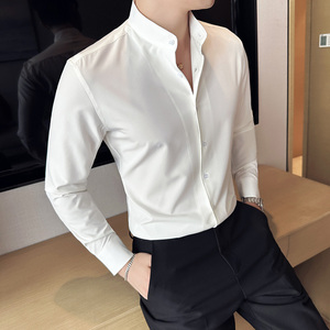 新中式垂感弹力男士衬衫立领长袖商务休闲青年寸衫韩版白色衬衣潮