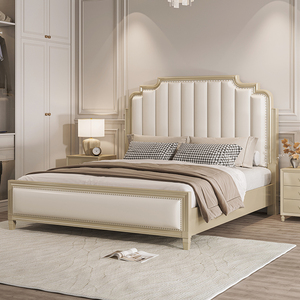 美式主卧轻奢风实木床现代简约纳帕真皮1.8米欧式床家具高箱储物