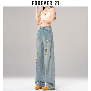 Forever 21浅色破洞牛仔裤女2024年夏季高腰涂鸦宽松阔腿拖地裤子