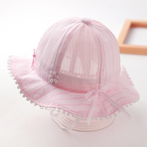 婴儿帽子夏季薄款女宝宝遮阳帽拼网公主帽六月婴幼儿渔夫帽可调节