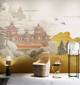 中式金色意境风松树阁楼典雅电视背景沙发墙纸壁布防潮无纺布壁纸