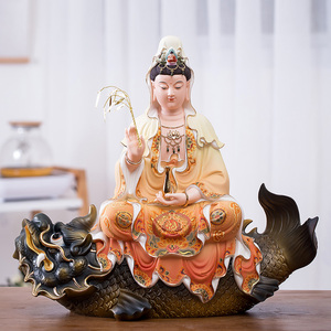 问瓷阁王顺坐鳌鱼观音摆件菩萨极彩陶瓷佛像客厅家用供奉观音摆件