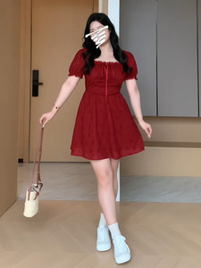 大码女装法式高级感镂空蕾丝短袖小裙子夏季微胖mm显瘦垂感连衣裙