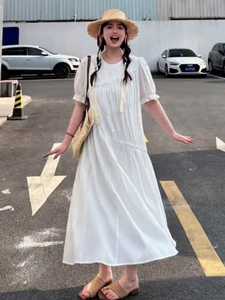 大码茶歇法式白色连衣裙2024新款女夏季微胖mm宽松遮肚子显瘦长裙