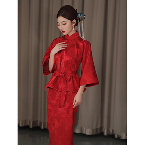 中式国风提花红色改良旗袍上衣新娘结婚敬酒礼服立领半身裙两件套