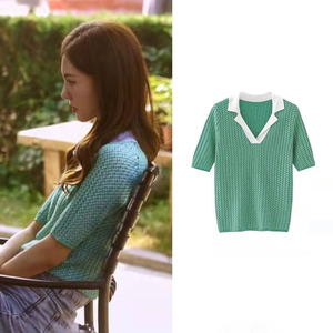北辙南辕戴小雨金晨同款衣服女韩版夏季polo领绿色上衣v领针织t恤