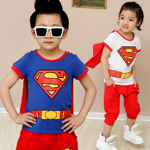 夏装儿童超人披风短袖两件套六一表演服卡通衣服男孩女小童套装潮