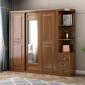 中式实木衣柜现代简约推拉门卧室家用三门滑移门柜子橡胶木大衣橱