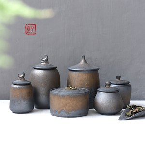 粗陶茶叶罐窑变陶瓷密封罐日式复古家用普洱茶罐大小号便携储茶仓