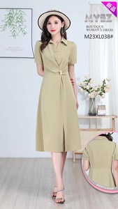 名扬一族M23XL038夏季新款欧货时尚OL气质衬衫领修身显瘦纯色长裙